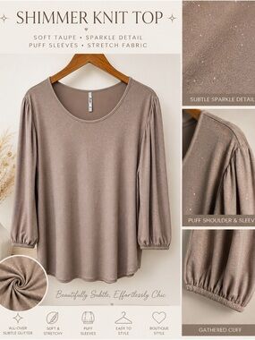 New Taupe Shimmer Puff-Sleeve Knit Top